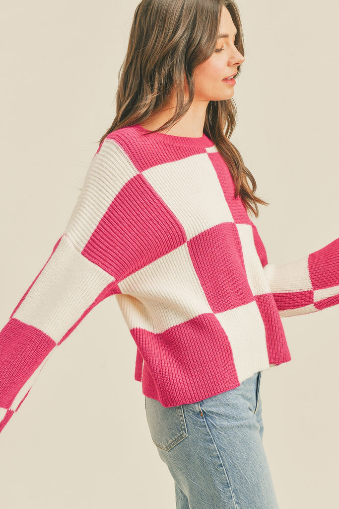 Oversized Checkerboard Pullover Hot Pink Checker Top