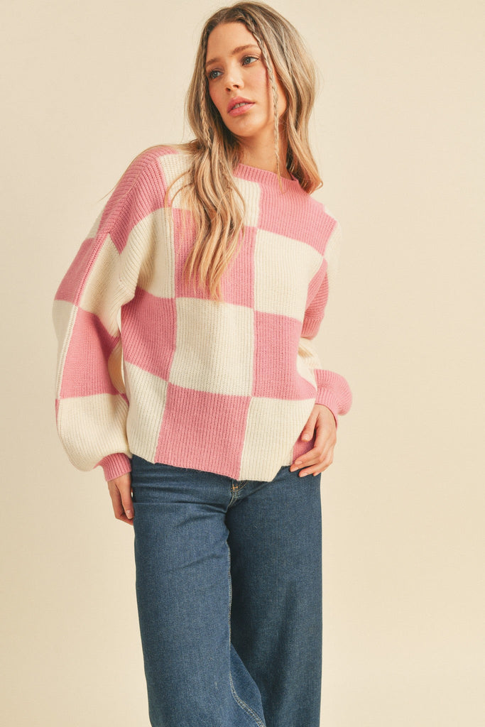 Oversized Checkerboard Pullover Cool Pink Checker Top