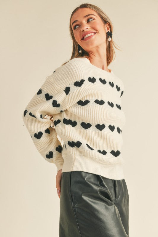 Heart Ribbed Knit Sweater Black Top