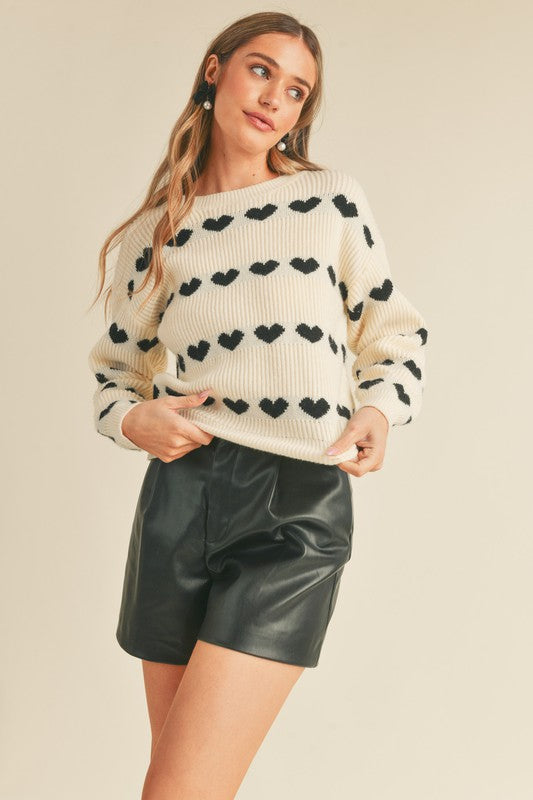Heart Ribbed Knit Sweater Black Top