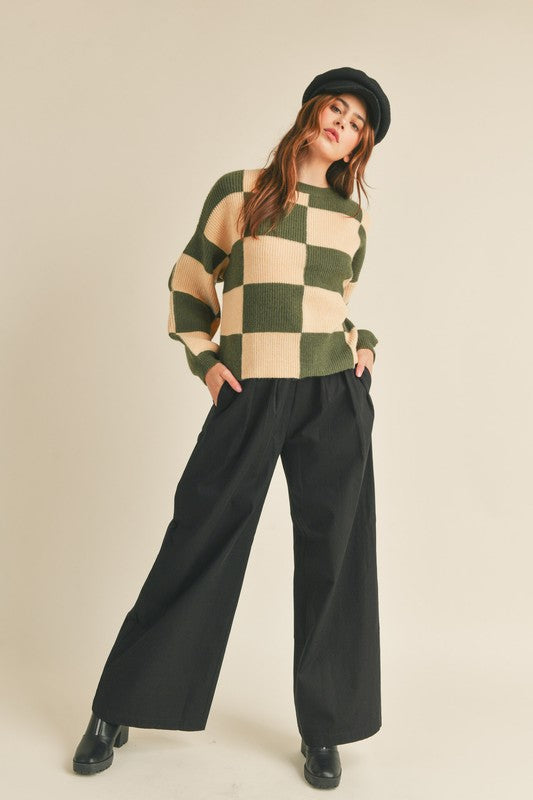 Oversized Checkered Sweater Olive Sand Top
