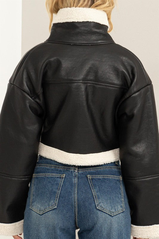 Out of My Way Shearling Cropped Jacket Black Top