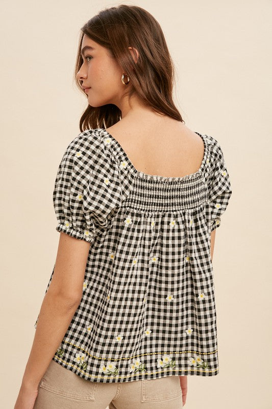 Gingham Floral Blouse Black Top