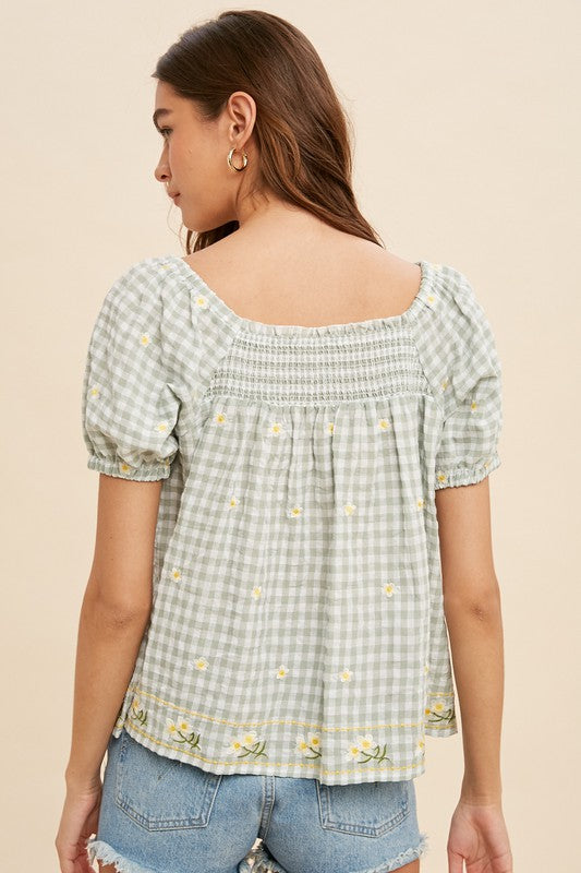 Gingham Floral Blouse Moss Top