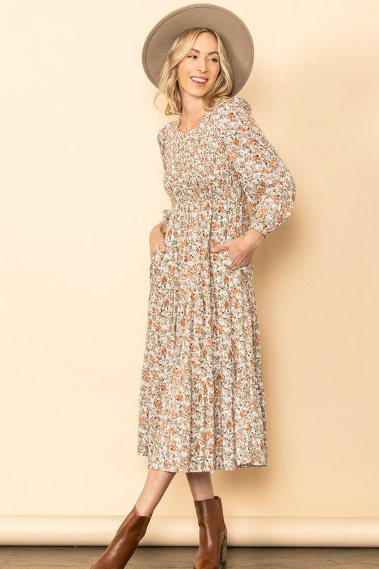 Vintage Floral Midi Dress Taupe Dress