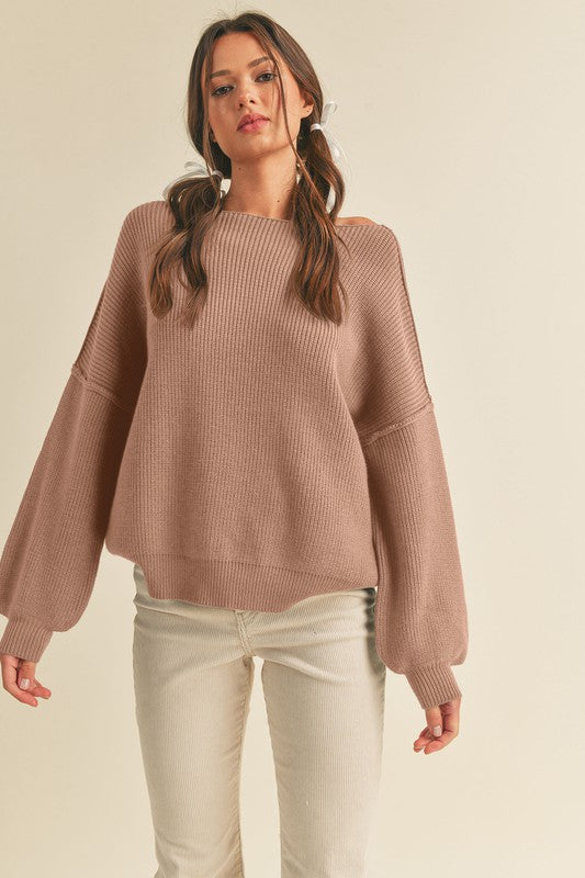 Boat Neck Bubble Sleeve Sweater Warm Taupe Top