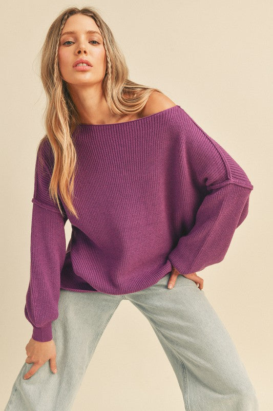 Boat Neck Bubble Sleeve Sweater Red Plum Top