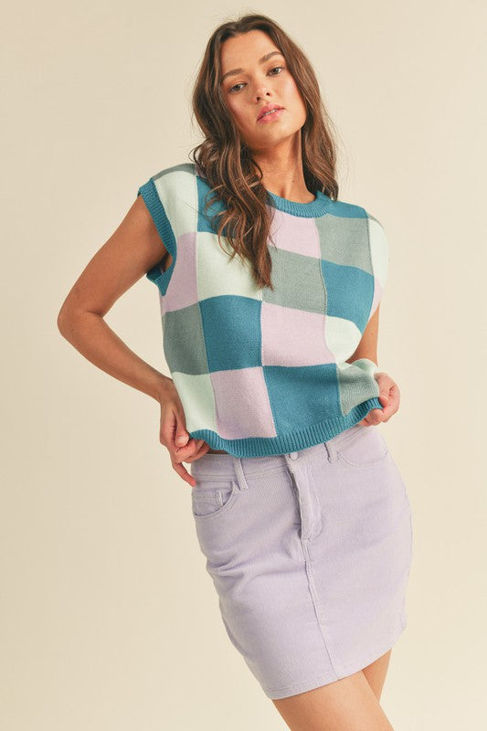 Colorful Checkered Sweater Vest Teal Multi Top