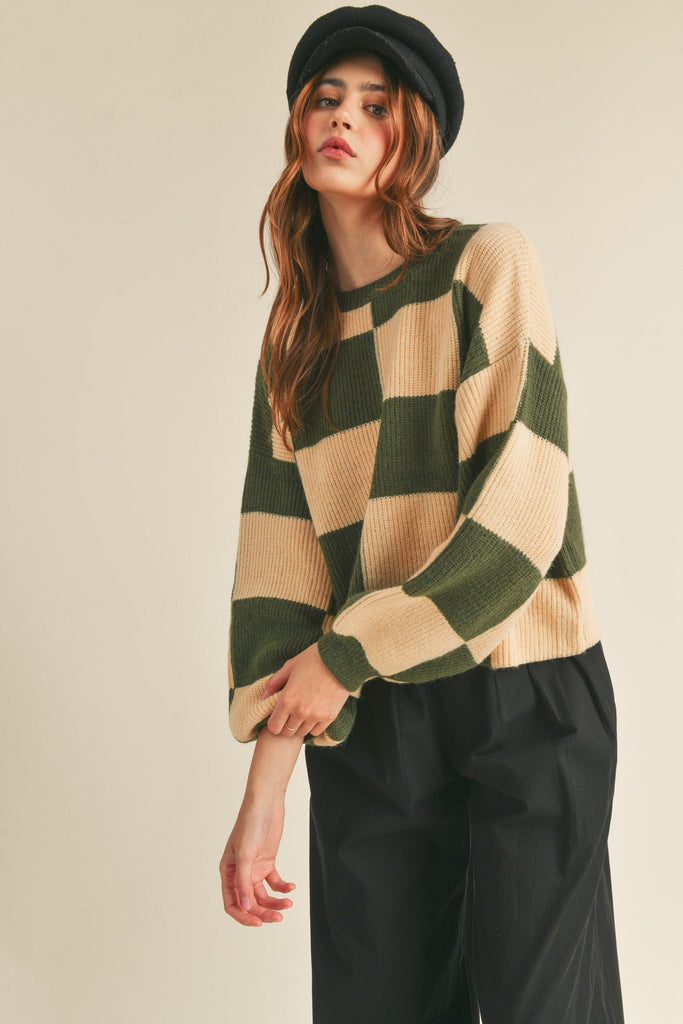 Oversized Checkered Sweater Olive Sand Top