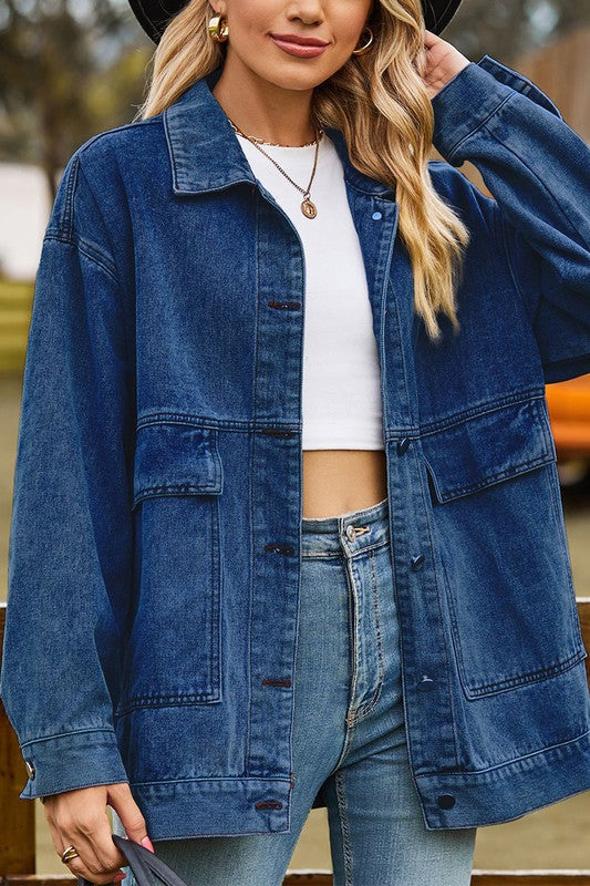 Oversized Denim Jacket Dark Blue Top