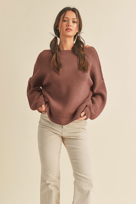 Boat Neck Bubble Sleeve Sweater Warm Taupe Top
