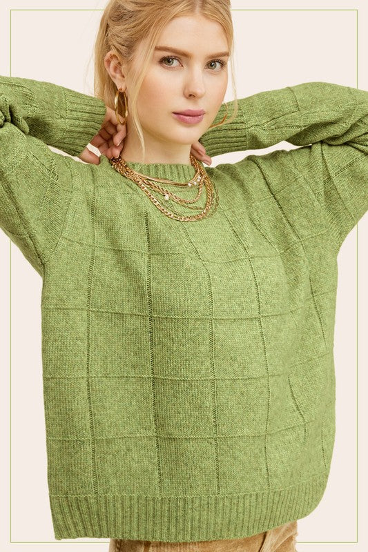 Windowpane Pattern Sweater Lime Top