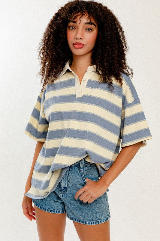 Short Sleeve Polo T-Shirt Cream-Lt Blue Stripe Top