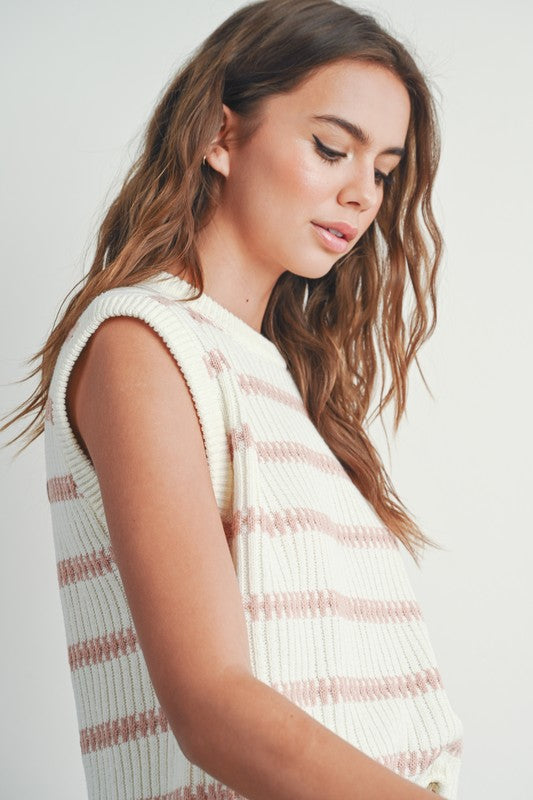 Striped Knit Sweater Tank Ivory Blush Top
