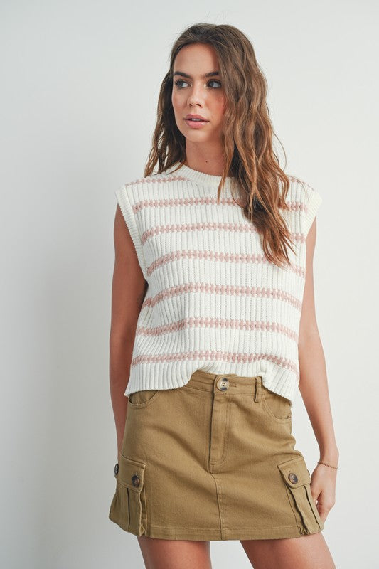 Striped Knit Sweater Tank Ivory Blush Top