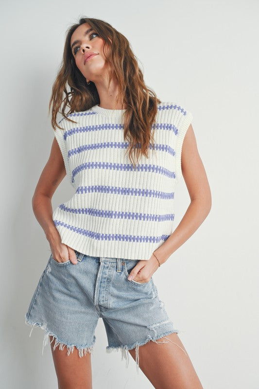 Striped Knit Sweater Tank Ivory Lavender Top