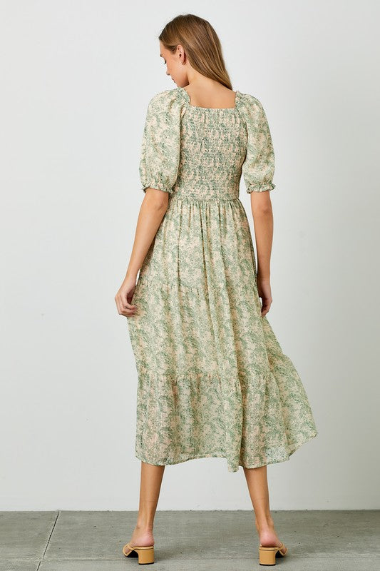 Floral Smocked Midi Dress Green Dress