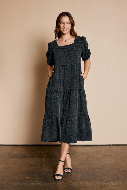 Washed Tiered Dress Black Dress