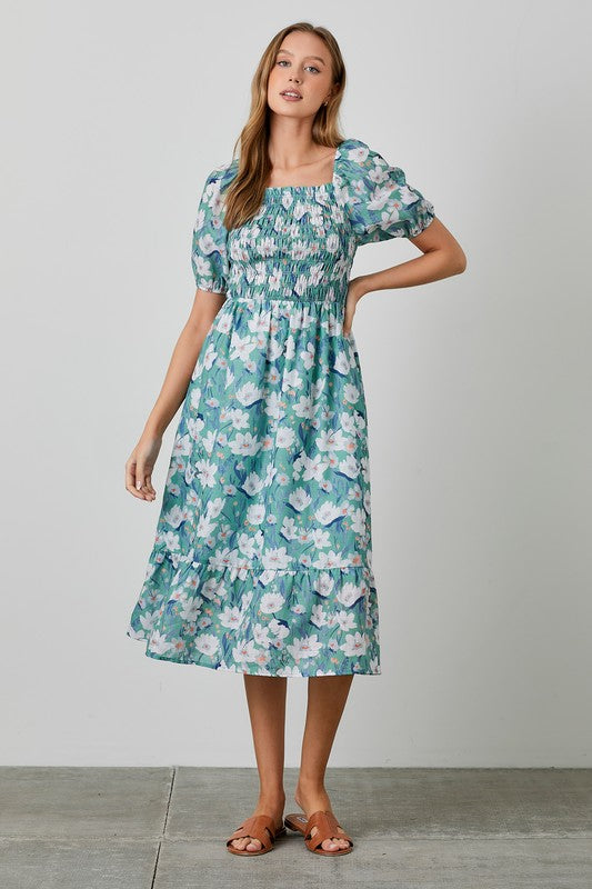 Floral Smocked Midi Dress Green Multi Dress