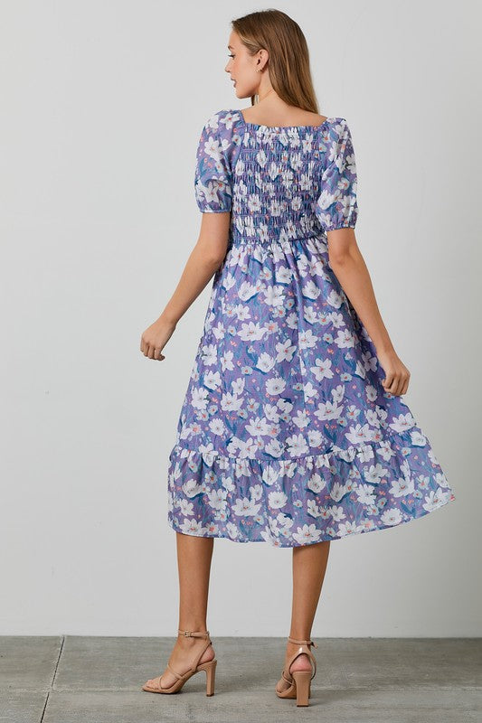 Floral Smocked Midi Dress Lavender Multi Dress