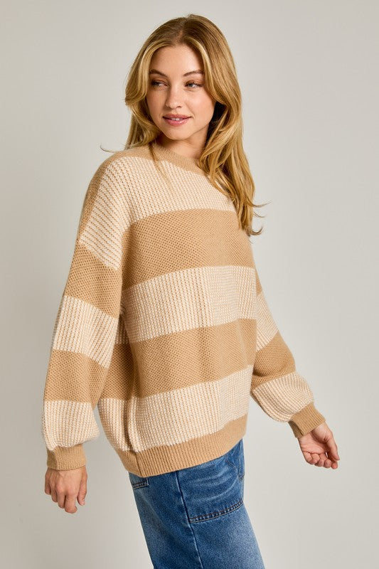 Two Toned Striped Sweater Tan-White Top