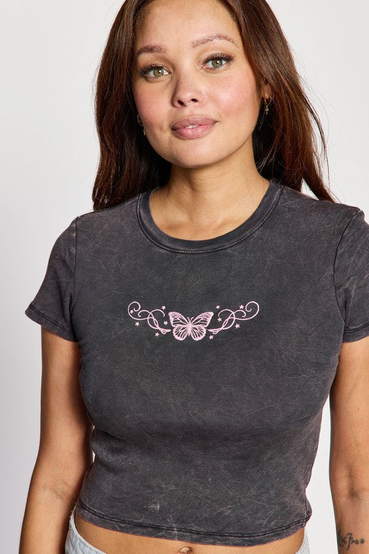 Butterfly Baby Tee Grey Top
