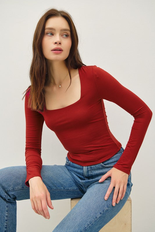 Square Neck Long Sleeve Scarlet Top