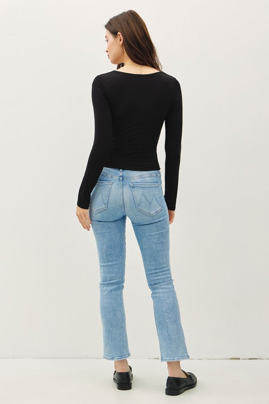 Square Neck Long Sleeve Black Top