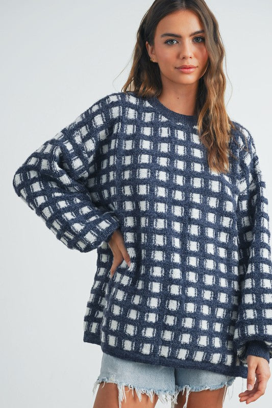 Checkered Sweater Navy/Ivory Top