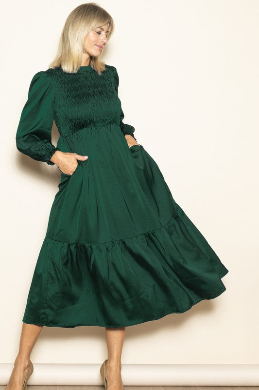 Satin Mock Neck Dress Hunter Green Dress