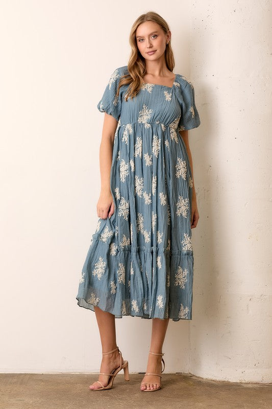 Embroidered Maxi Dress Dusty Blue Dress