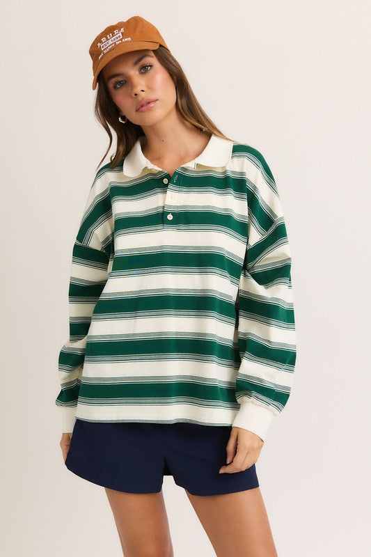 Long Sleeve Collared Top Cream-Green Stripe Top