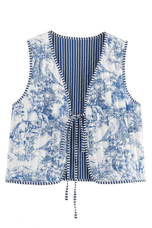 Floral Tie-Front Vest Blue Top