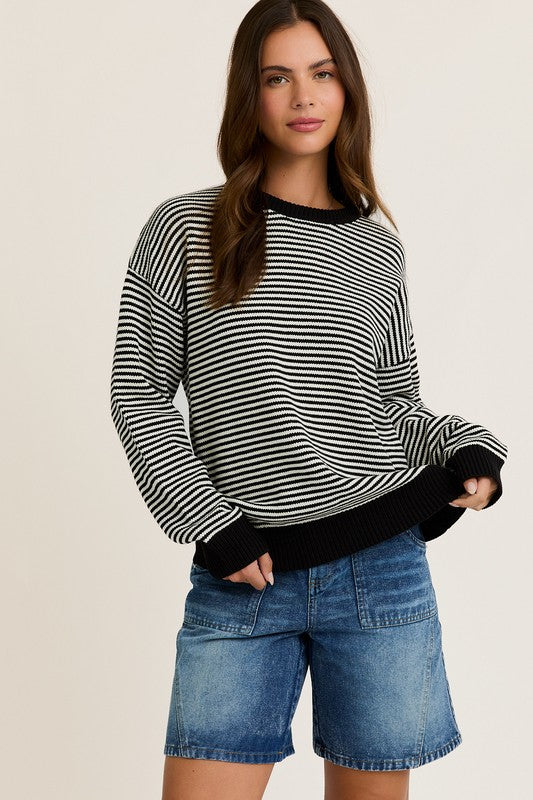 Striped Crew Sweater Black-White Stripe Top