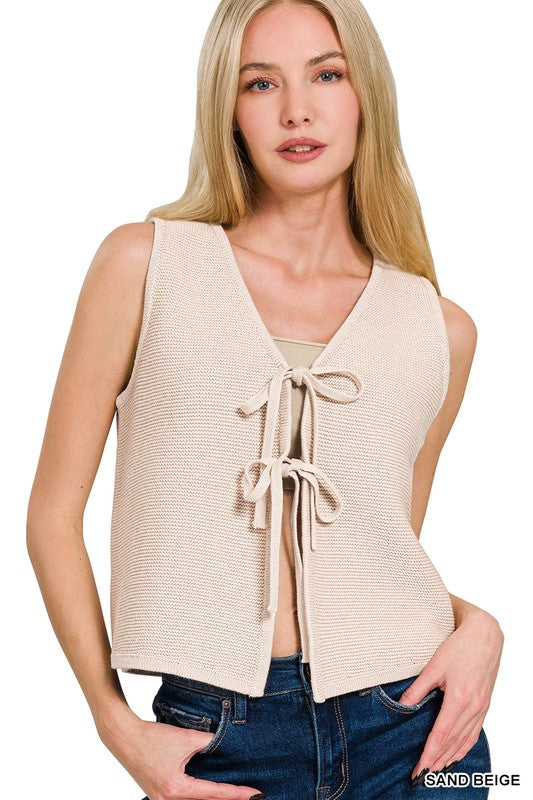 Front Tie Sweater Vest Sand Beige Top