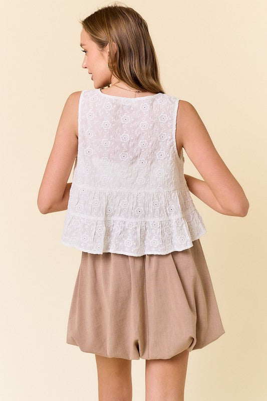 Front Tie Ruffle Top White Top