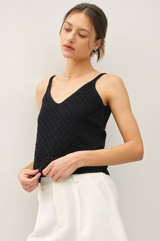 Crochet Knit Tank Black Top