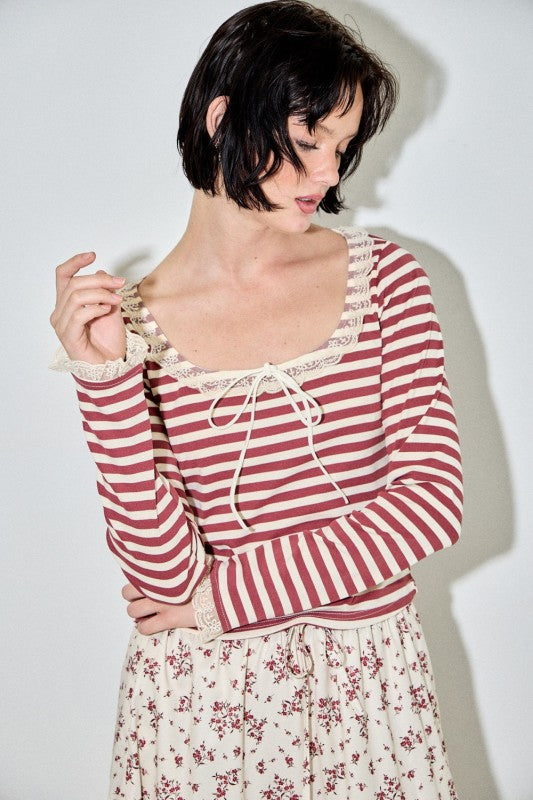 Striped Long Sleeve Top Cream/Burgundy Top
