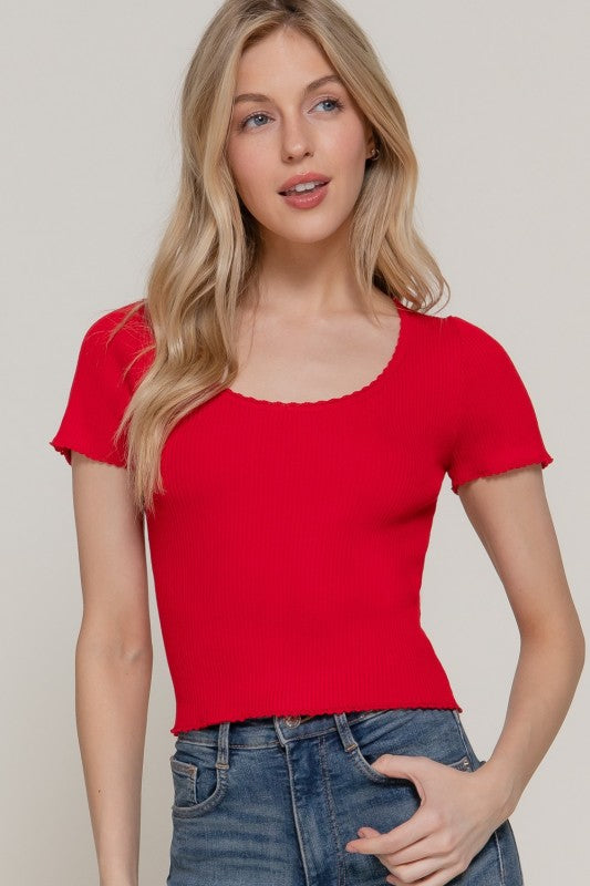 Scallop Detail Short Sleeve Red Top