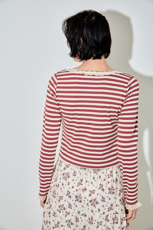 Striped Long Sleeve Top Cream/Burgundy Top