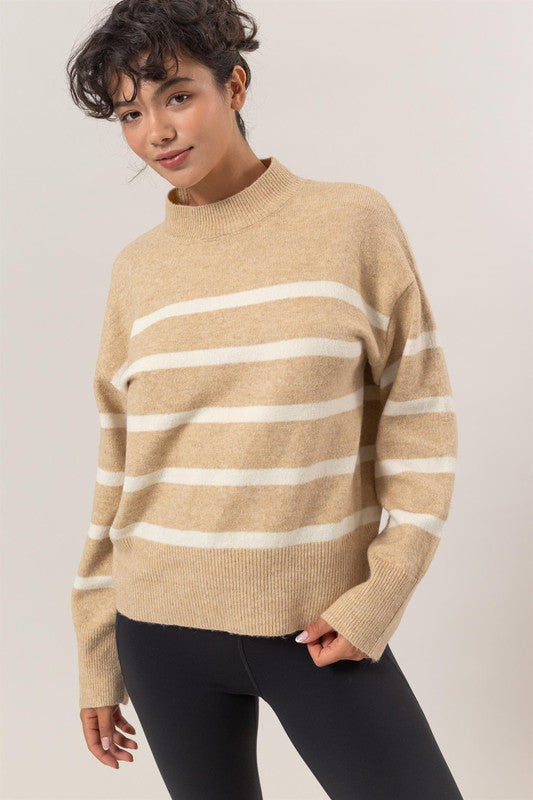 Striped Mock Neck Sweater Taupe/Cream Top