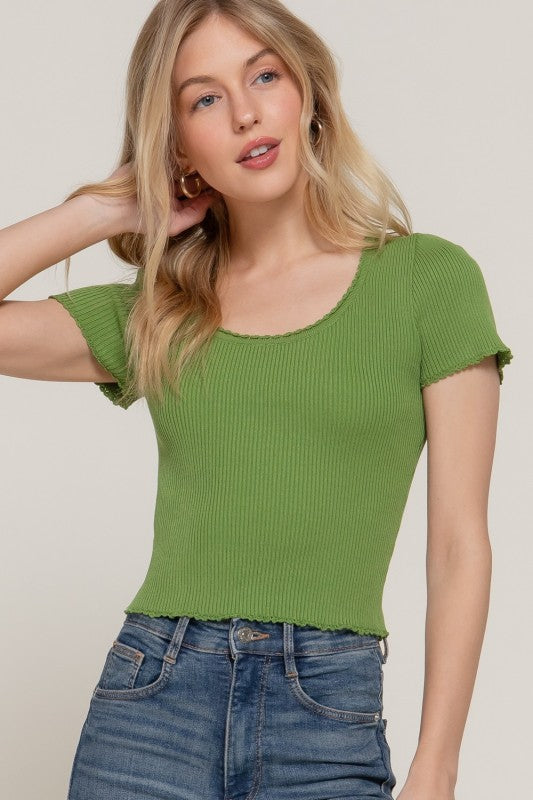 Scallop Detail Short Sleeve Green Top
