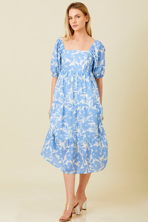 Tiered Square Neck Dress Ivory/Blue Dress