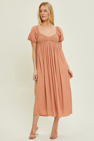 Crochet Bodice Midi Dress Dusty Apricot Dress
