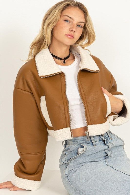 Out of My Way Shearling Cropped Jacket Brown Top