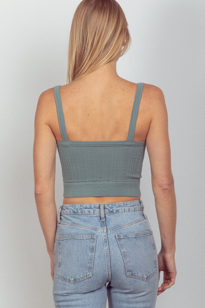 Cable Ribbed Fitted Crop Tank Top Dk Sage Top